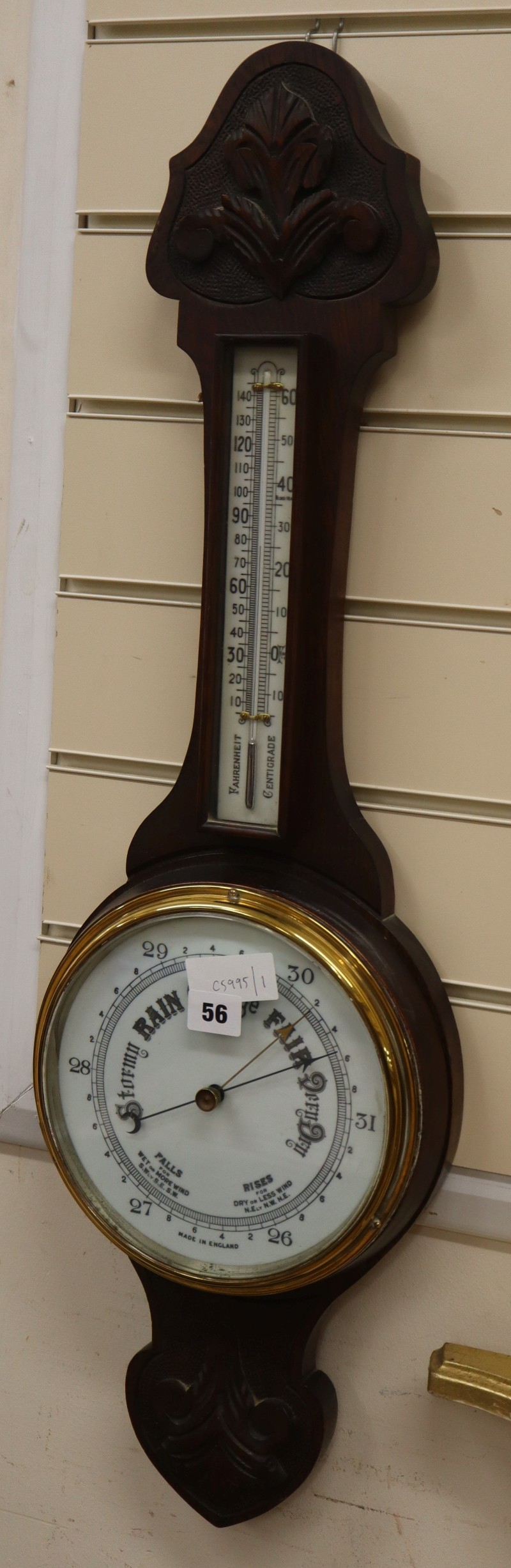 A late Victorian carved oak wheel barometer, H.78cm